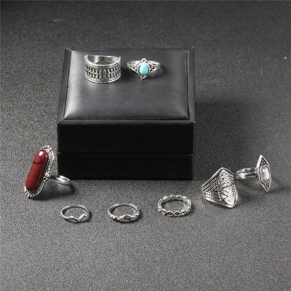**CAMILLA* 8-Pc Silver x Turquoise Fashion Ring Set - Picture 3 of 6